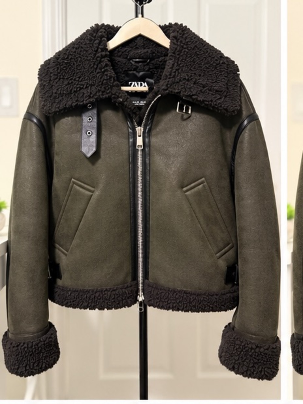 ZARA Olive Faux Shearling Aviator Jacket Sherpa Lined Women’s S